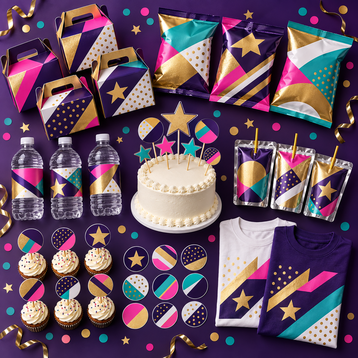 Coordinated custom party bundle with favor boxes, snack bags, drink labels, toppers, stickers and shirts