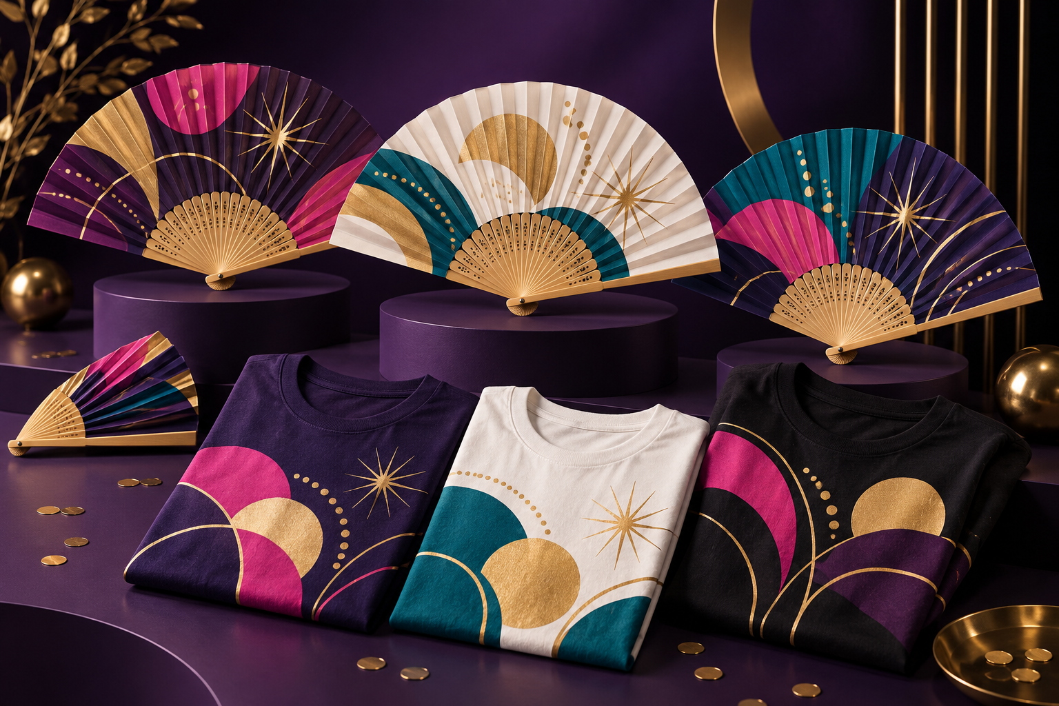 Coordinated custom hand fans and matching T-shirts