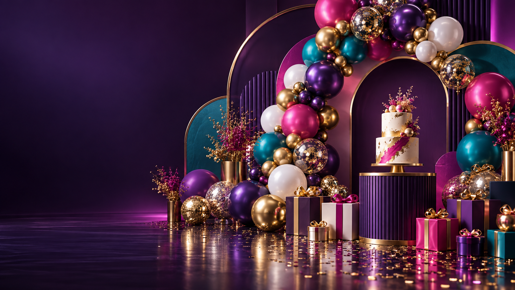 Colorful luxury celebration designed with balloons, a custom backdrop, cake, gifts and confetti
